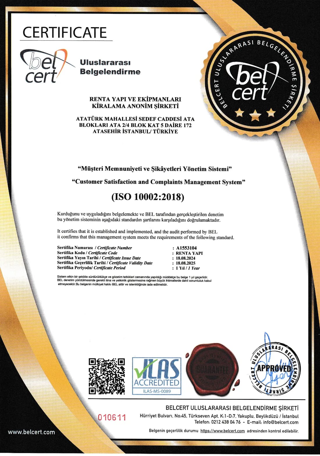 ISO 10002:2013 Müşteri Memnuniyeti ve Şikâyet Yönetim Sistemi belgesi