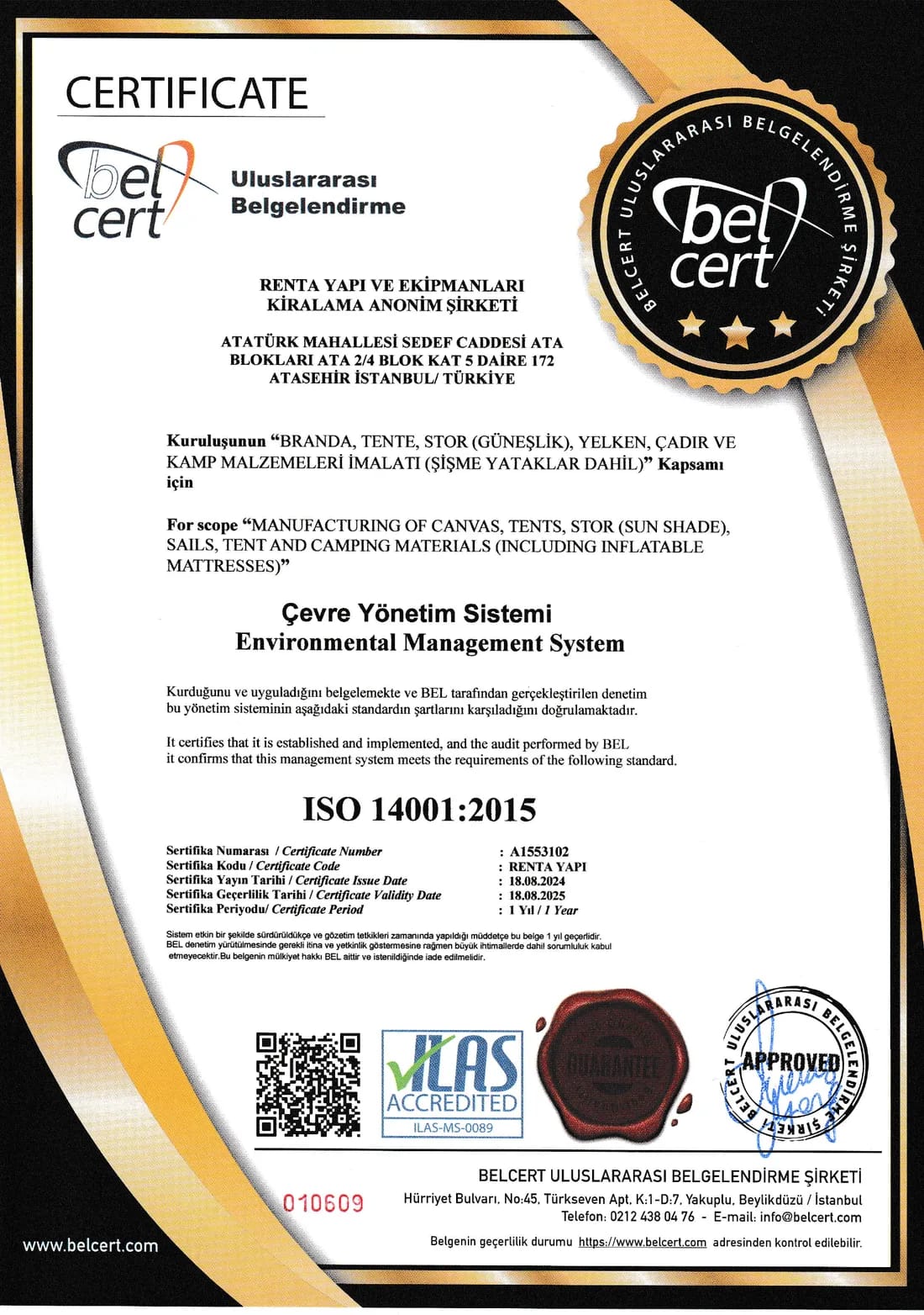 ISO 14001:2015 Çevre Yönetim Sistemi belgesi