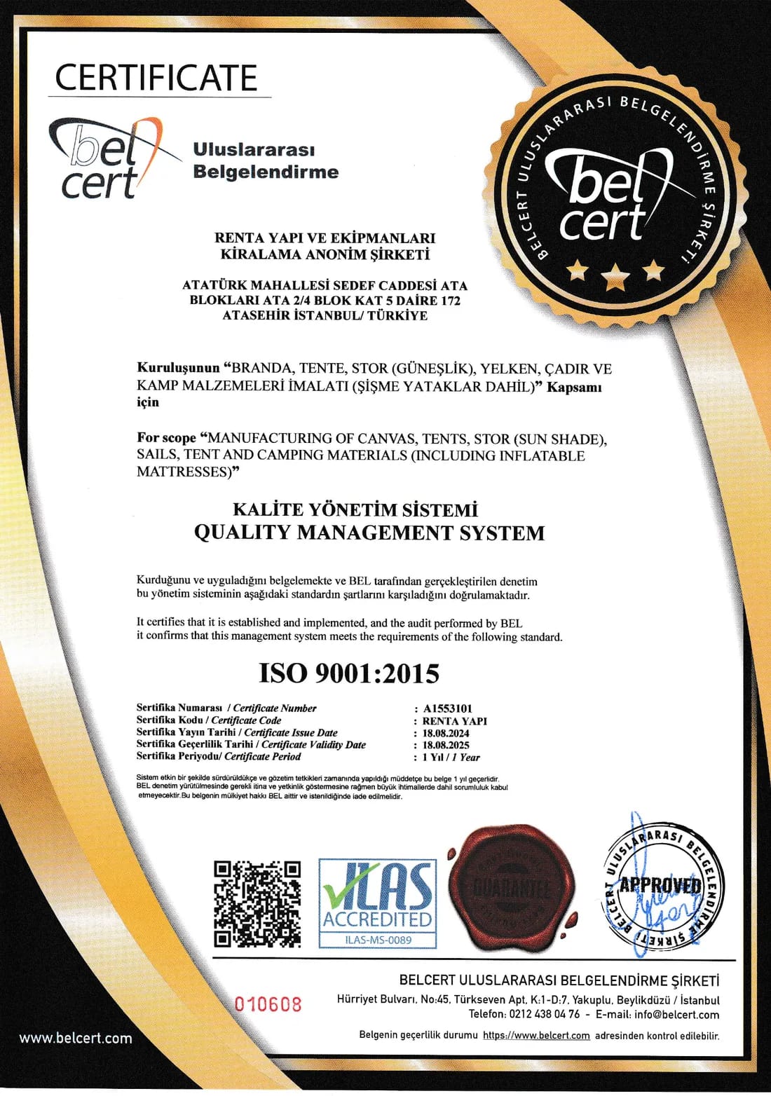 ISO 9001:2015 Kalite Yönetim Sistemi belgesi