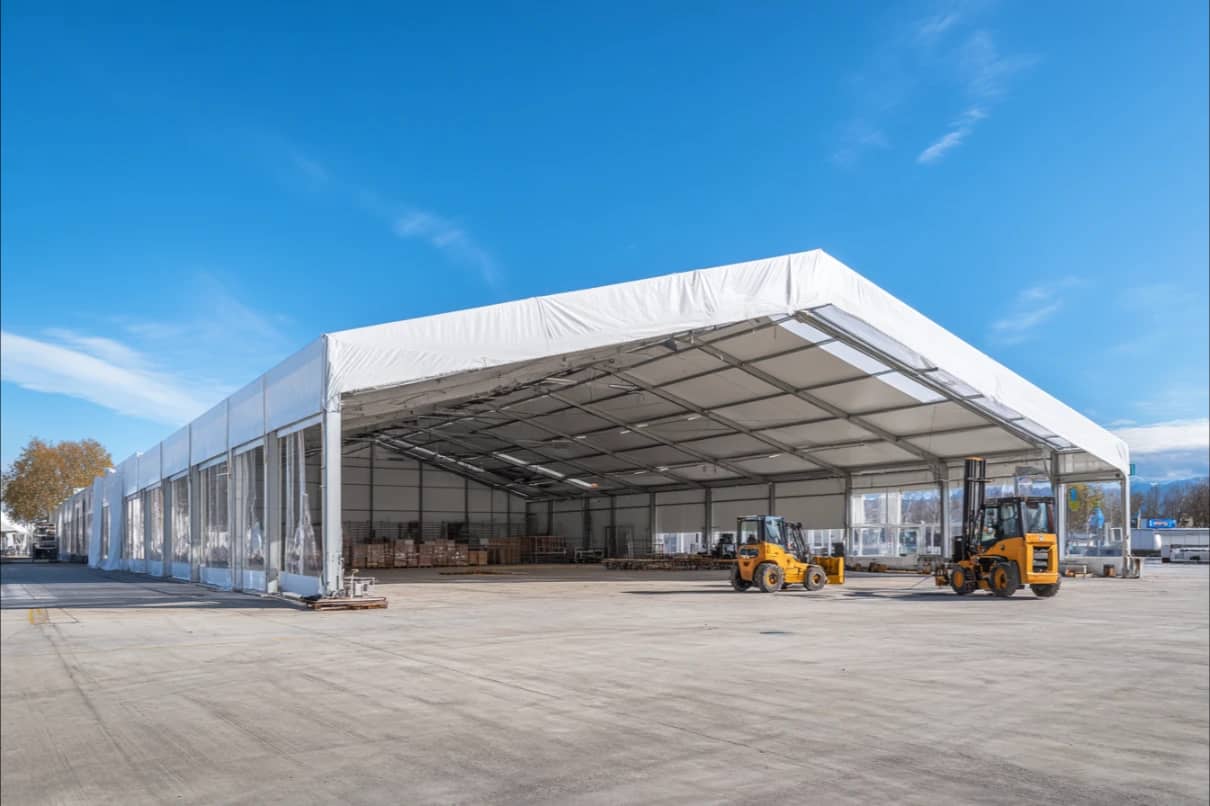 Ucu açık geniş açıklıklı endüstriyel çadır, içinde iki forklift ve palet istifleri