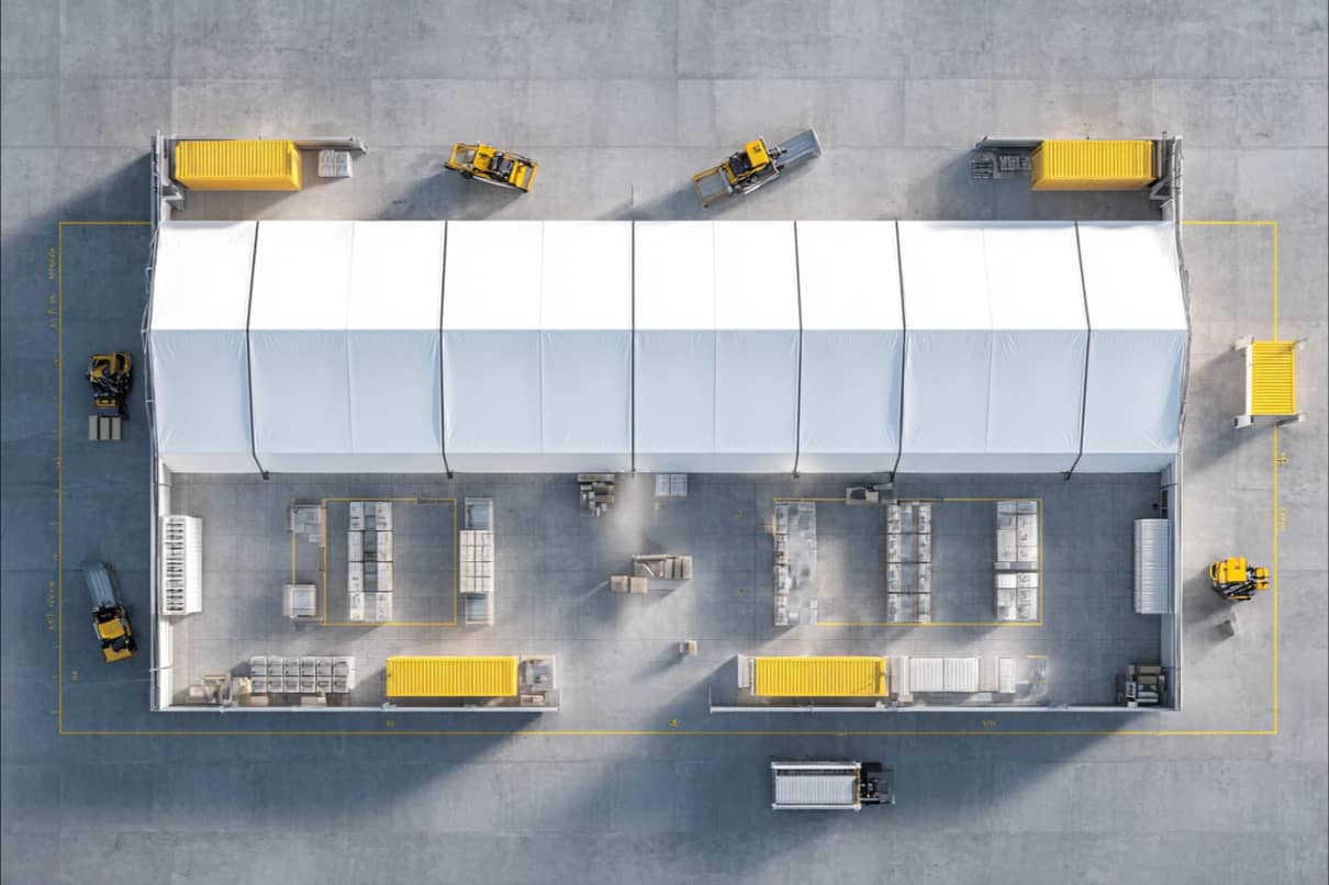 Depo çadırı ve çevresindeki konteyner ile forkliftlerin ölçü çizgili kuşbakışı görünümü
