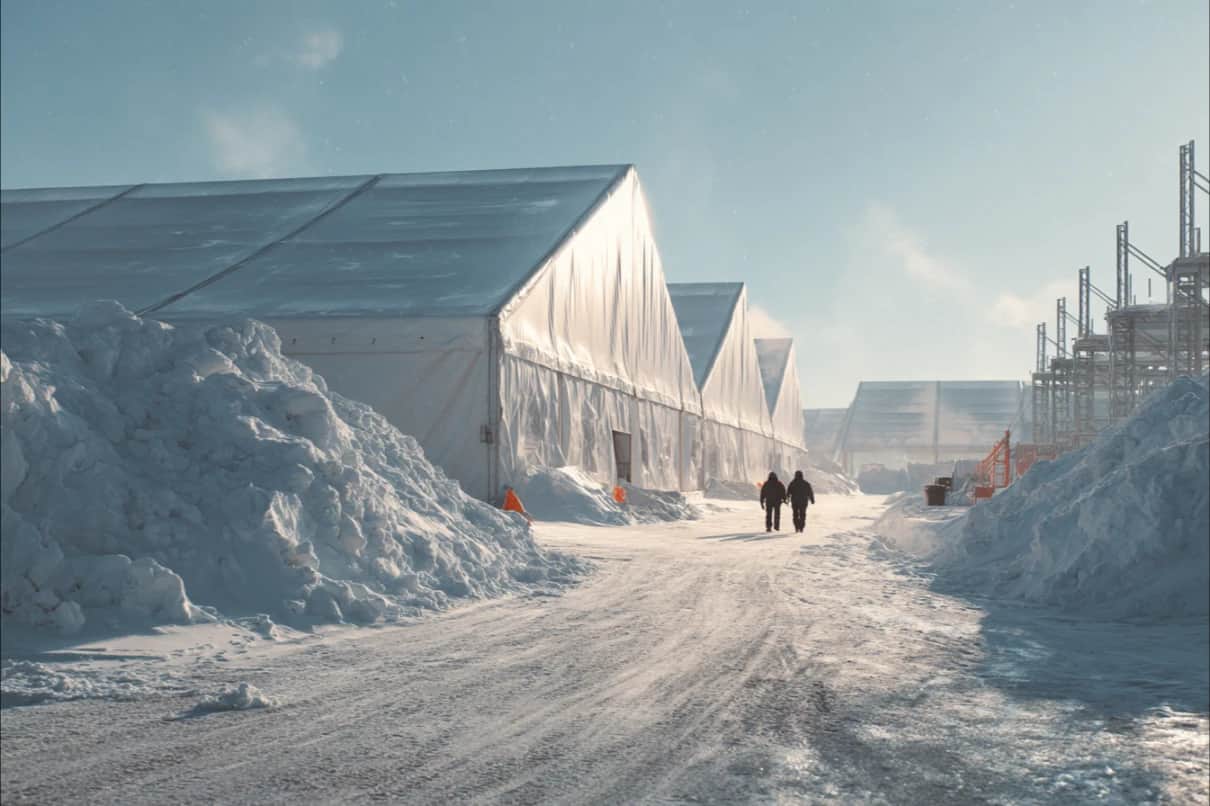 Kar küreme yığınları arasında sıralanmış beyaz depo çadırları ve aralarında yürüyen iki işçi