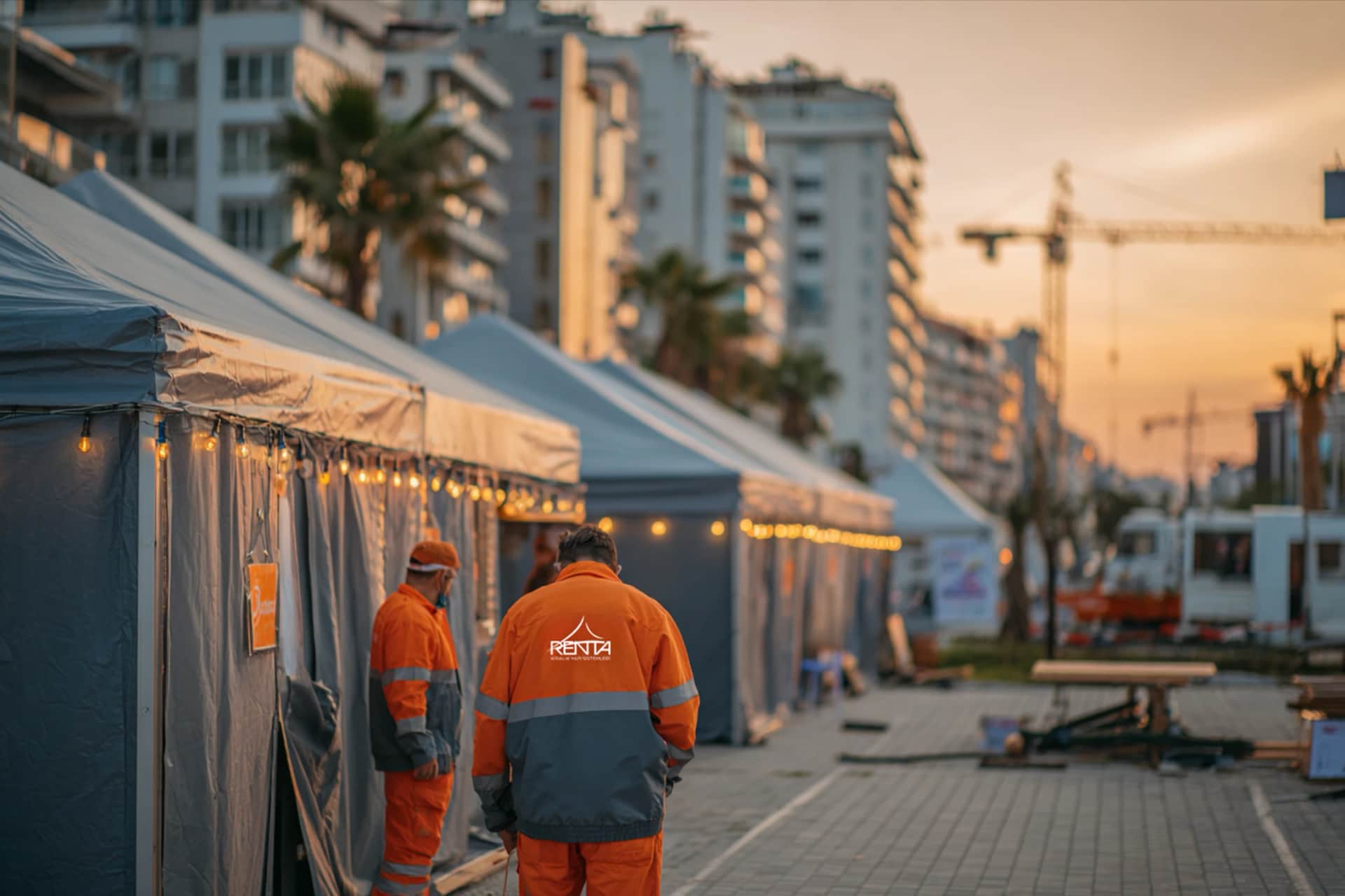 Renta Yapı saha ekibi, kıyı promenadında kurulan stand çadırı dizisinin önünde