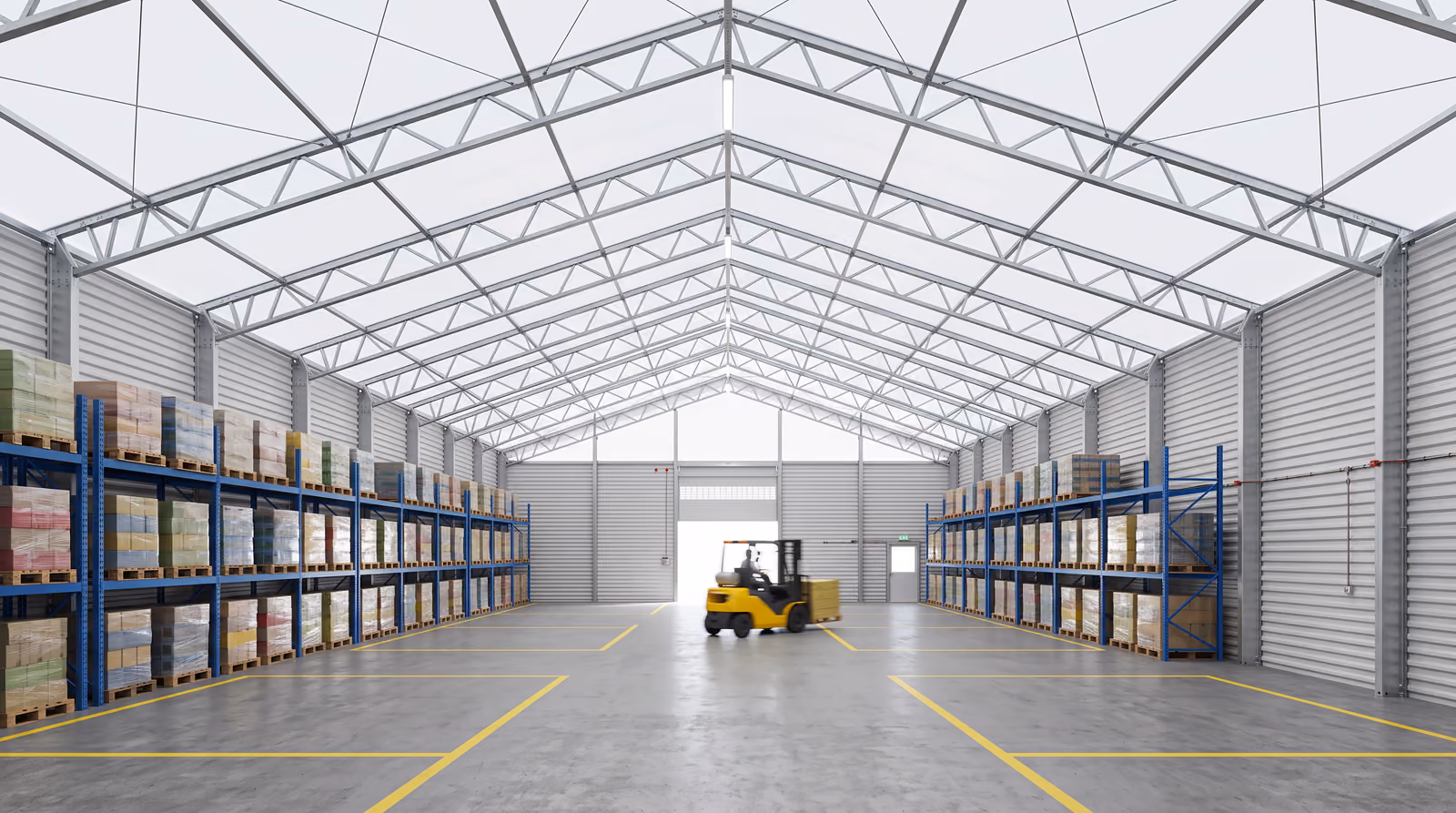 Depo çadırının iç mekânı: raf düzeni ve forklift geçişine uygun kolonsuz hacim