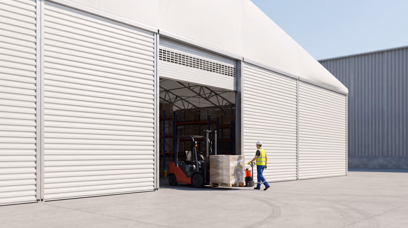Depo çadırının endüstriyel kargo kapısı ve forklift çıkışı yakın plan