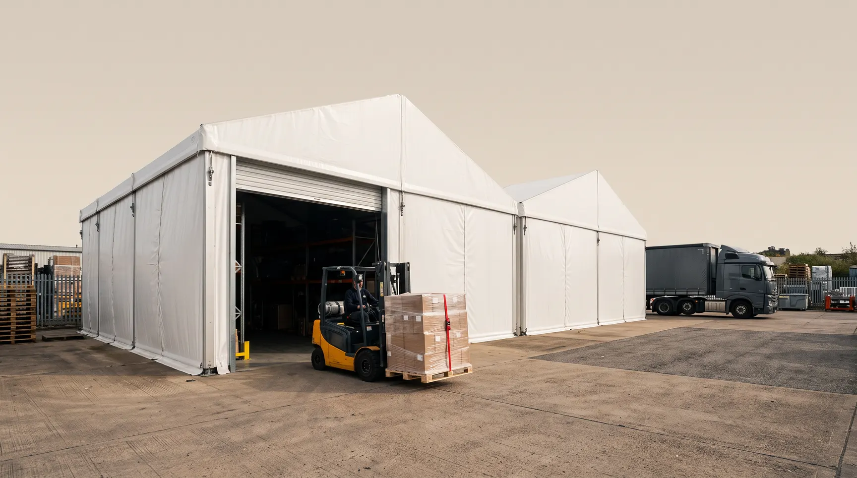 Sıra halinde iki beyaz depo çadırı, açık rulo kapıdan paletle çıkan forklift, sabah ışığı