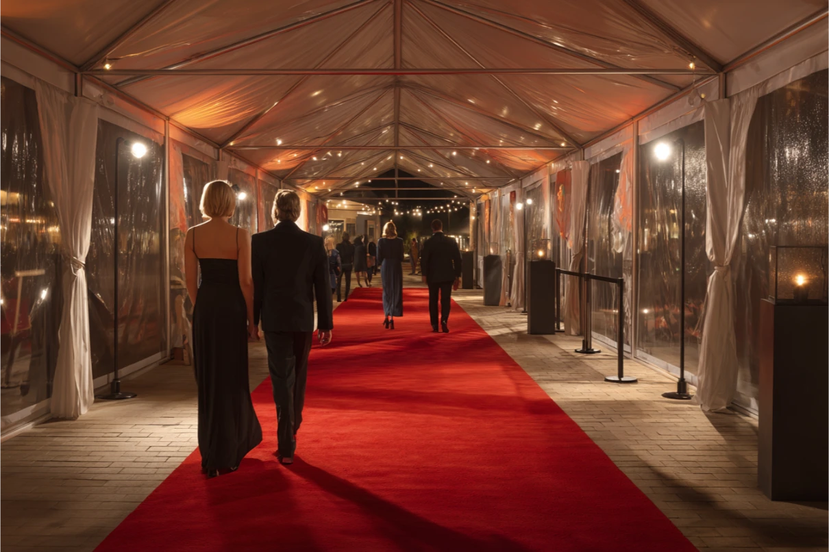 Gece kırmızı halılı VIP yürüyüş koridorunda ilerleyen gece kıyafetli davetliler