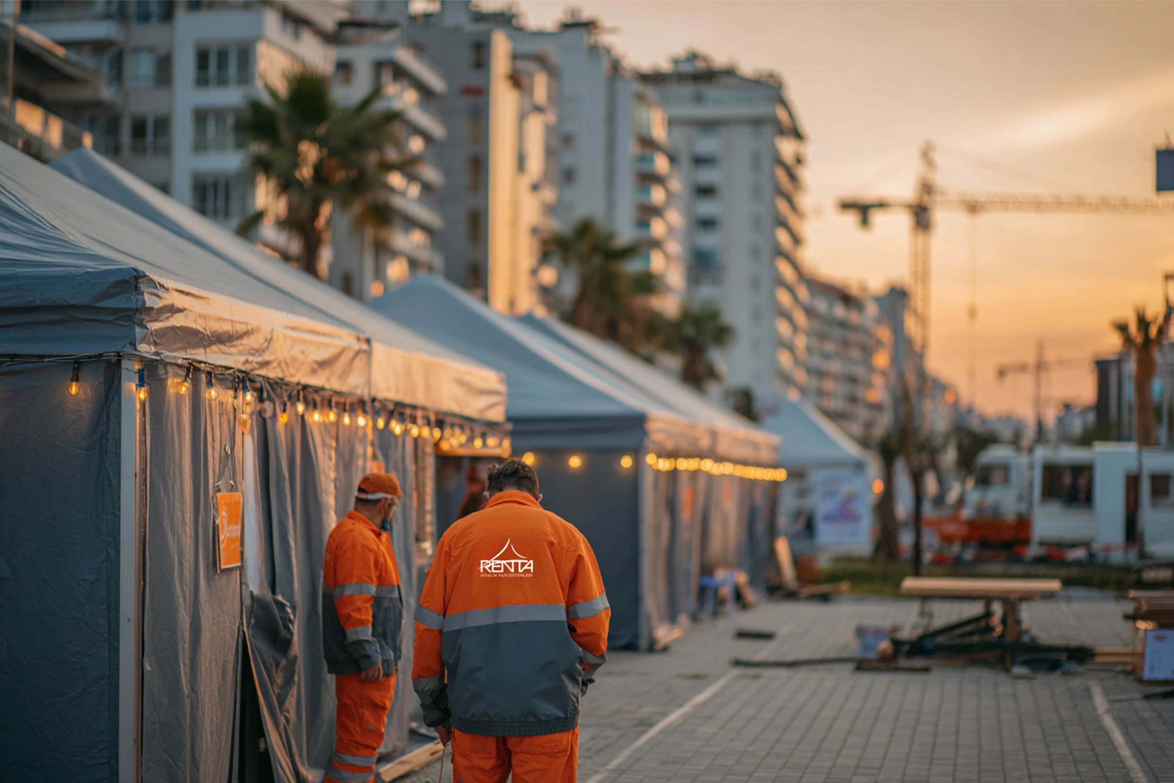 Renta Yapı saha ekibi, kıyı promenadında kurulan stand çadırı dizisinin önünde